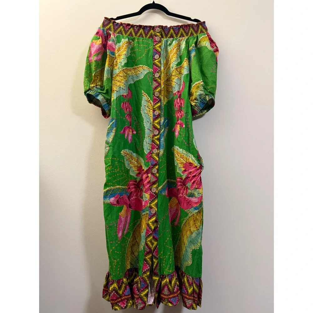 Farm Rio Off The Shoulder Maxi Dress Green Floral Puff Sleeve Button Front M - Picture 3 of 15